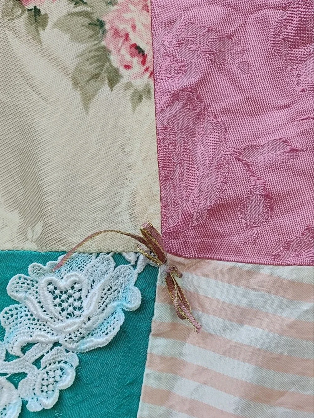 Vintage Handsewn Patchwork Satin Lace Quilt, Grandmacore, Victorian, Cottagecore